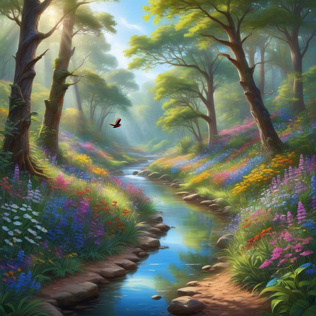 A lush, vibrant forest trail lined with colorful wildflowers and towering trees, inviting the viewer to explore the natural beauty. Sunlight filters through the foliage, casting playful shadows on the path, while cheerful birds flutter above. A serene stream can be seen in the background, enhancing the feeling of adventure and tranquility. The scene should evoke a sense of wonder and adventure, perfect for a blog about nature. super-realistic. vibrant colors. tranquil atmosphere.