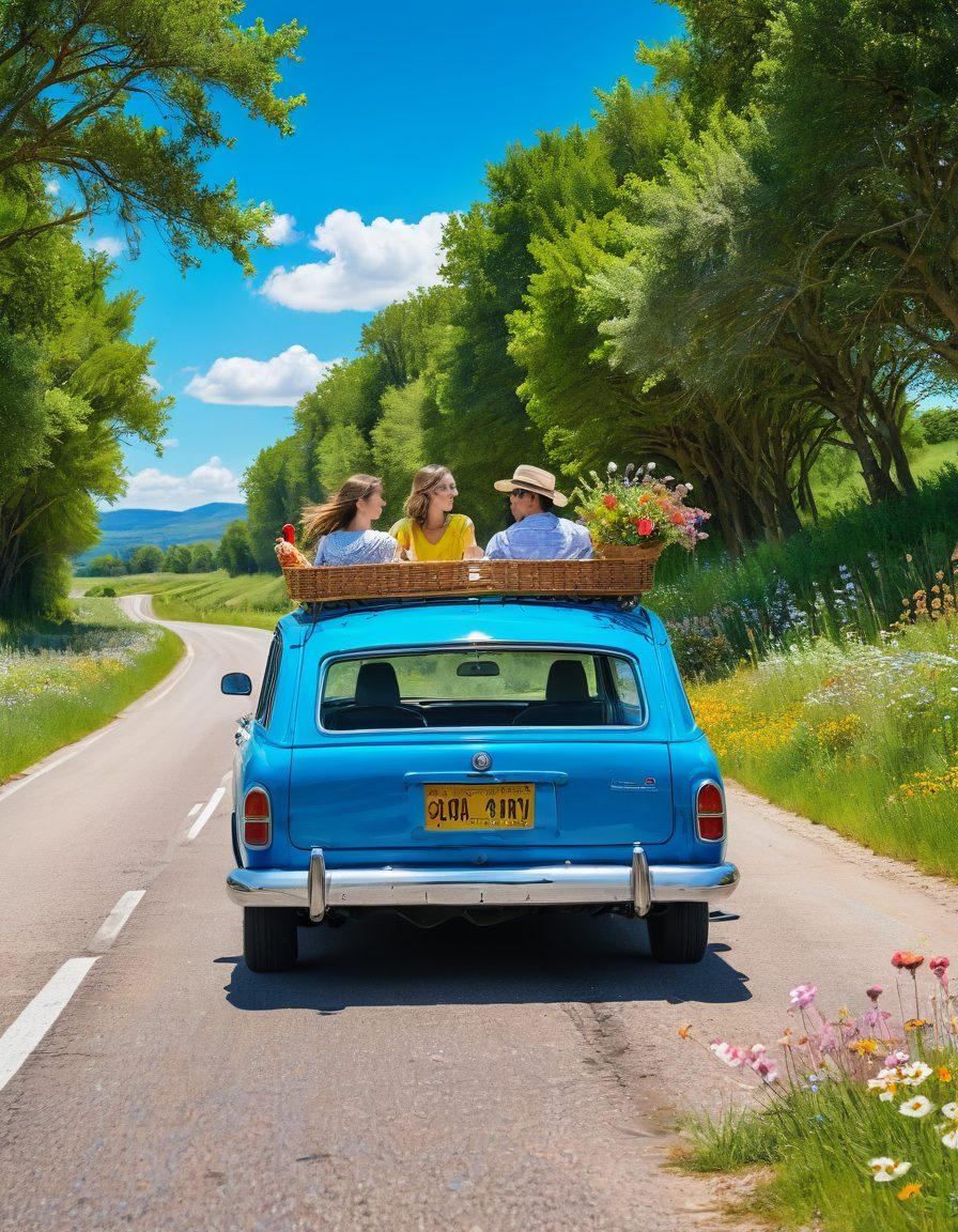 A vibrant landscape depicting an open road stretching through a serene countryside, dotted with blooming wildflowers and tall green trees under a bright blue sky. Include a cheerful family in a colorful car, laughing and having fun while driving, with a picnic basket visible in the backseat. The scene should evoke a sense of adventure and joy, inviting viewers to explore the happiness of road trips. super-realistic. vibrant colors. white background.