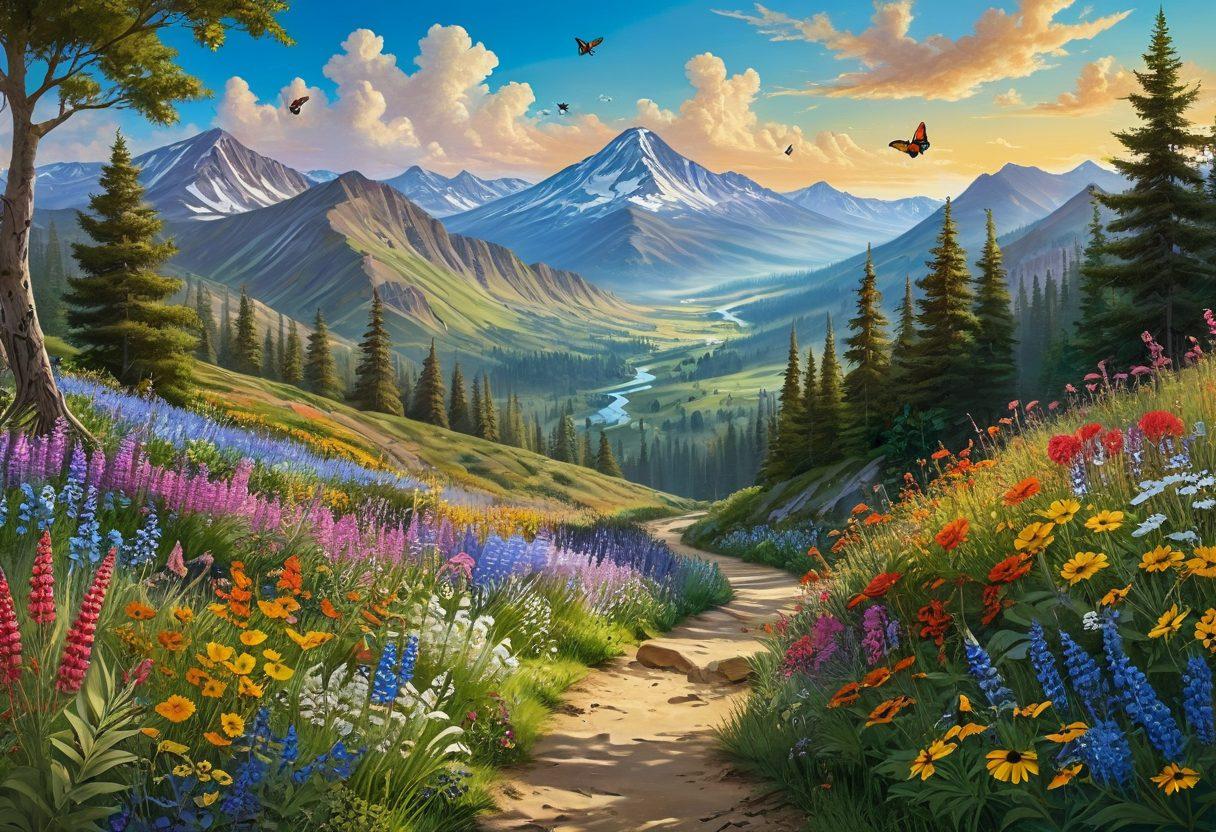 A vibrant, sunlit landscape featuring a winding path through lush greenery, dotted with colorful wildflowers and butterflies. In the foreground, a diverse group of joyful adventurers of various ages and backgrounds laugh and share stories while exploring. The horizon showcases distant mountains and a bright blue sky sprinkled with fluffy clouds, symbolizing endless possibilities. Emphasize warmth and happiness to evoke a sense of adventure. vibrant colors. super-realistic.